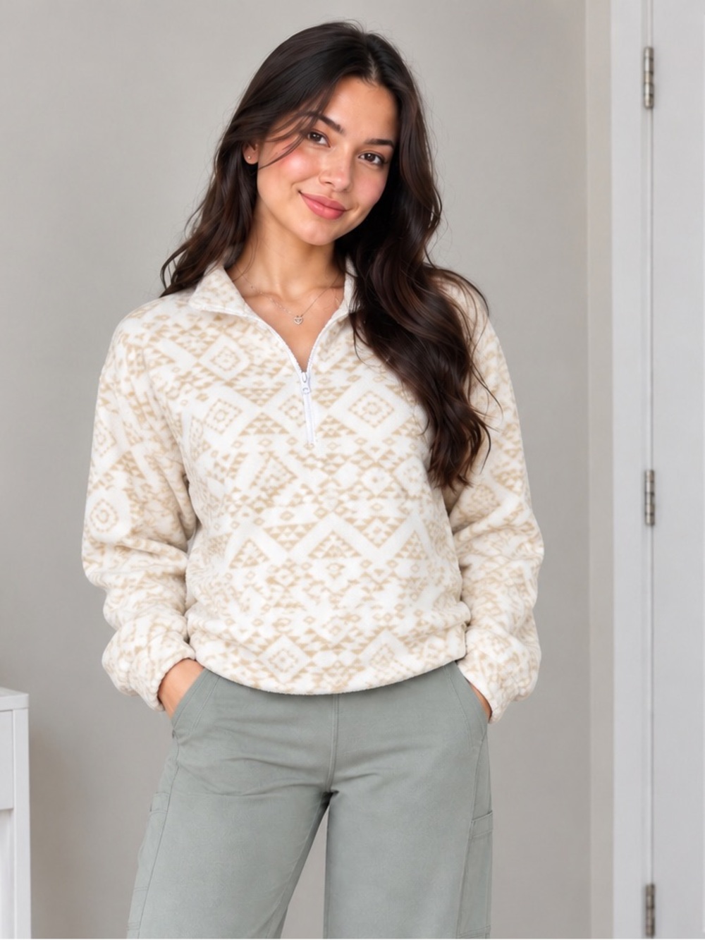 Ardene Cream & Tan Half-Zip Fleece Pullover